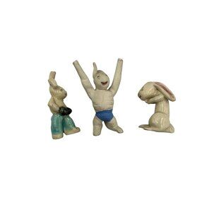 Set 3 Vintage Handmade Ceramic Rabbit Figurines Signed Brooks Whimsical Design